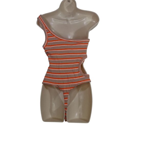 Wild Fable Orange Striped One Shoulder Cutout Thong Bodysuit Women Size XL - Picture 3 of 6